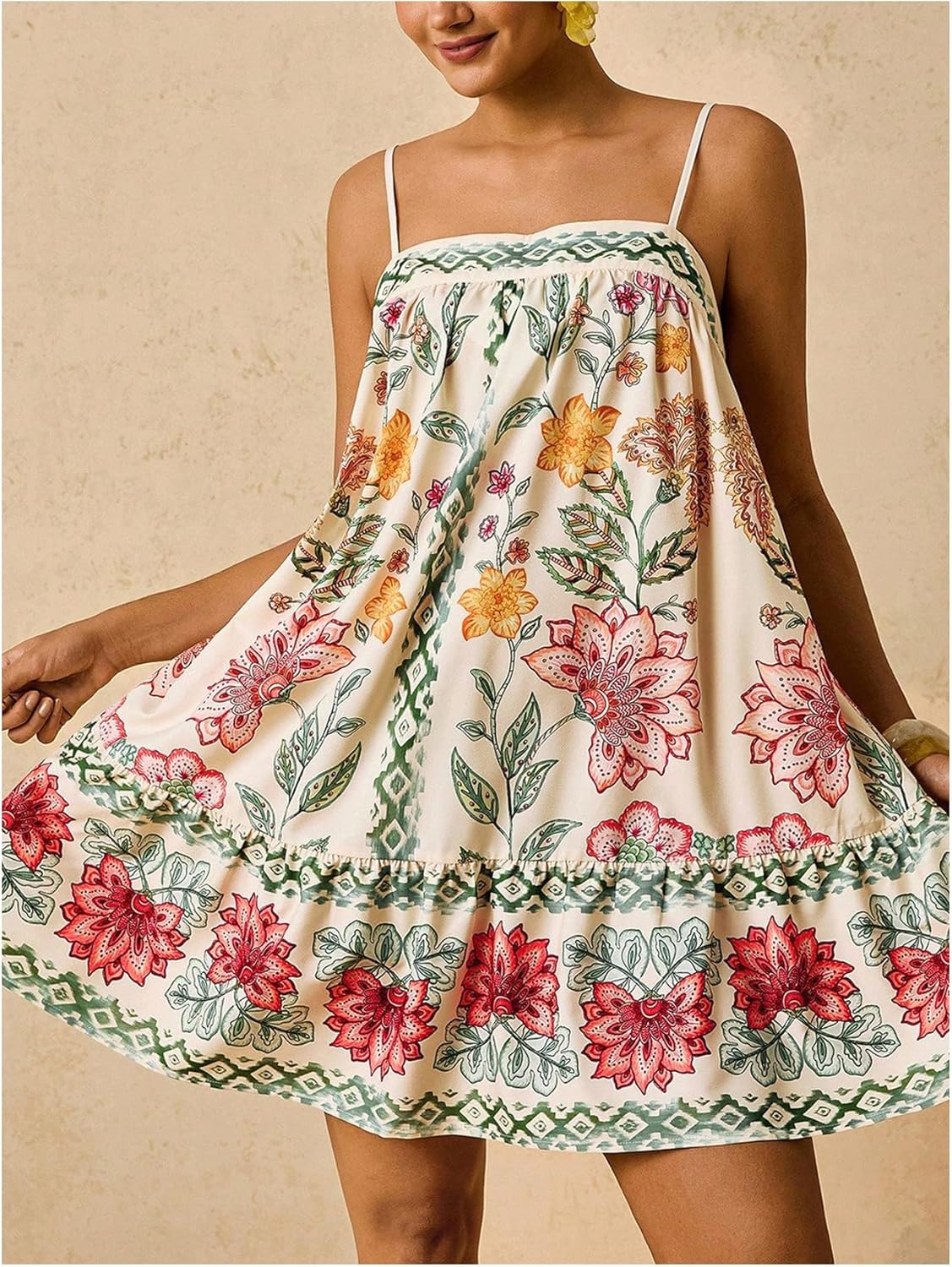 Floerns Women's Plus Size Boho Floral Print Cami Dress Backless Sleeveless Ruffle Mini Dresses