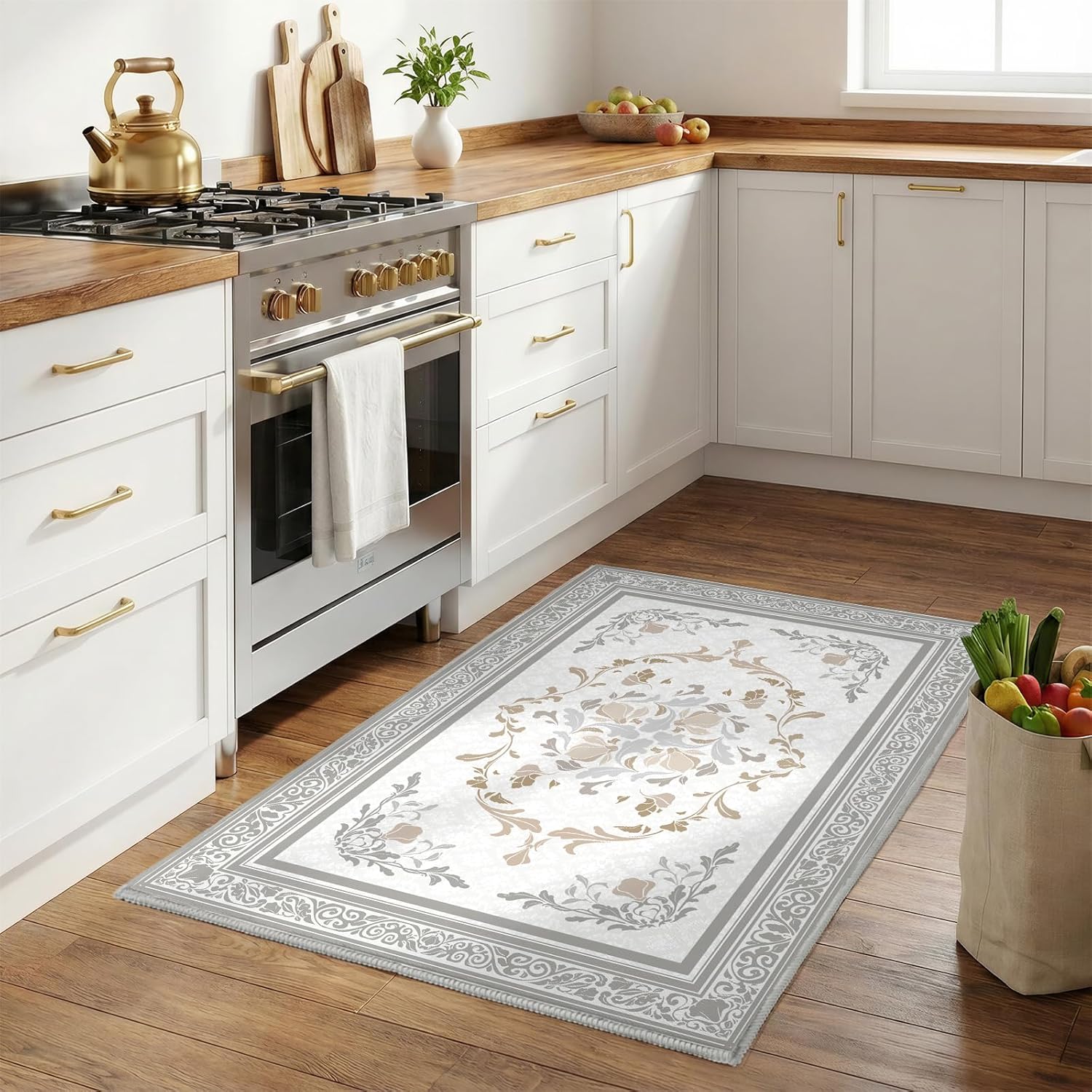 SOULFUL Medium Pile 3x5 Area Rug - Cozy Soft Underfoot Small Entryway Rug - Light Taupe Boho Floral - Washable Non-Slip - Perfect for Living Room Bedroom Foot Kids Room Reading Nook