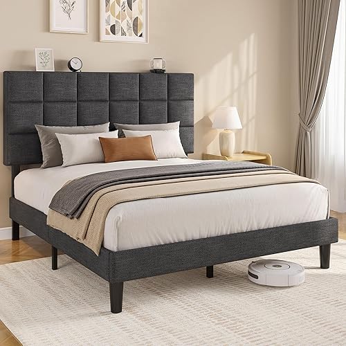 Vista 6 de Base de cama de plataforma Queen con cabecera alta tapizada de lino, no necesita somier, esponja EVA antirruido, fácil montaje, envío en una caja