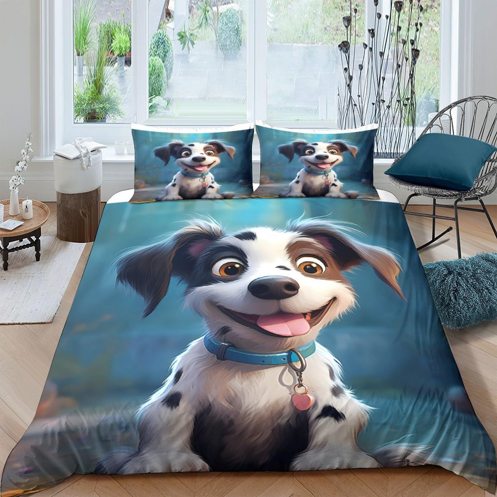 XFKLYNVCJ 3D Printed Cute puppy Quilt Cover Polyester Cartoon animal illustration Bed Cover Easy Care Durable Fade Resistant Stain Resistant Machine Washable for All Season Home Use Double（200x200cm）