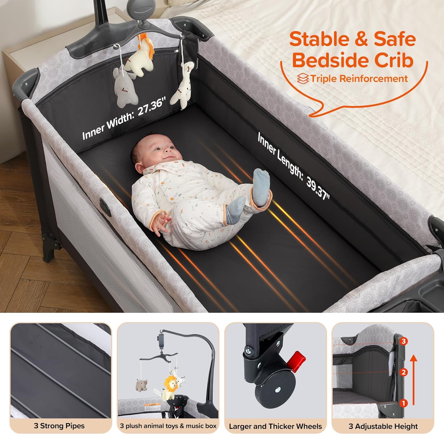 ELEMARA 4 in 1 Baby Bassinet Bedside Crib with Diaper Changer, Mattress, 1-Second Set up Bedside Bassinet with 3 Adjustable Height, Portable Crib with Storage/Toy Bar/Zip Door - Image 6