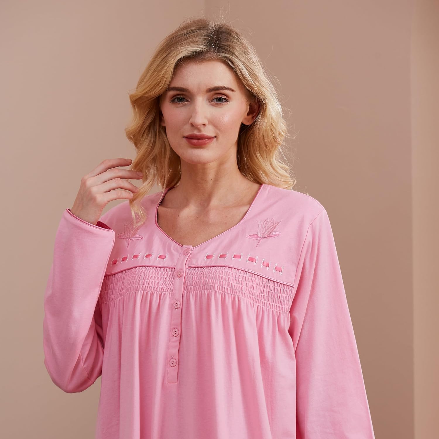 Keyocean Nightgowns for Women, Soft Cotton Comfy Lightweight Embroidered Long-sleeve Nightdress - Image 8