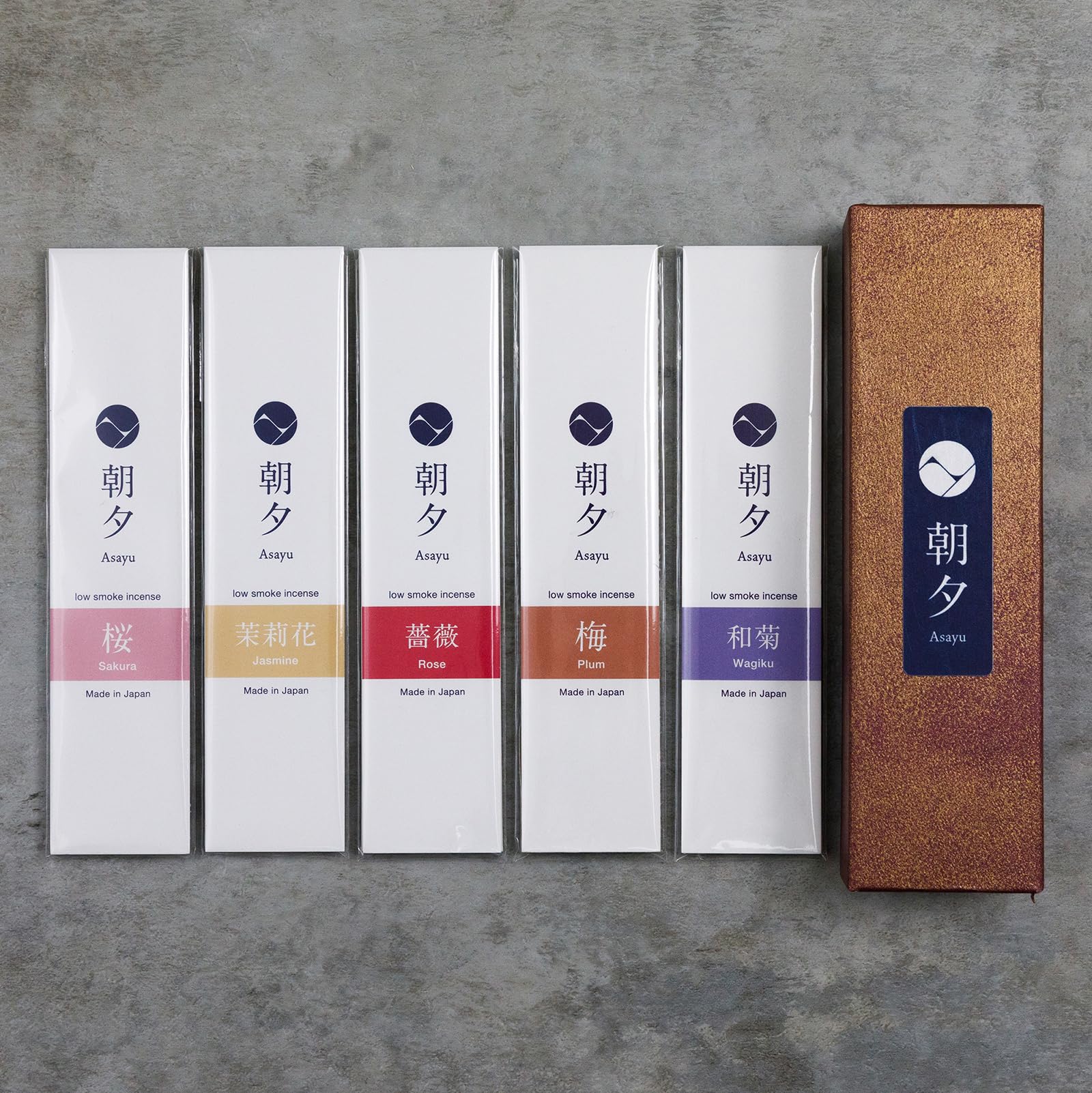 Asayu Japan Variedad de Varillas de Incienso Japonés Natural, Conjunto de 5 fragancias (Sakura, Jazmín, Rosa, Ciruelo y Wagiku) Hecho en Japón, Meditación Matutina y Nocturna