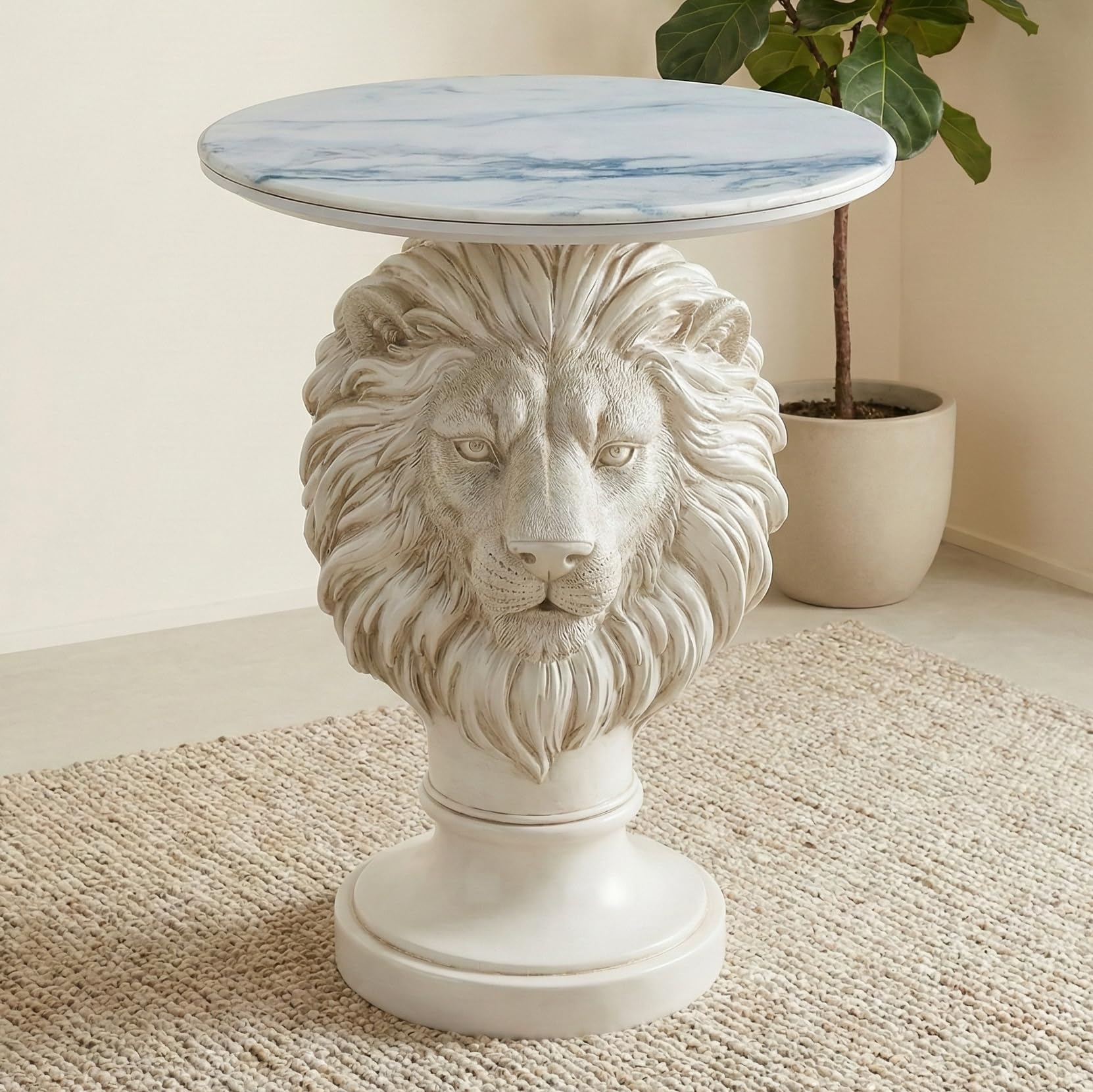 Lion Head Accent Side Table with Faux Marble Top