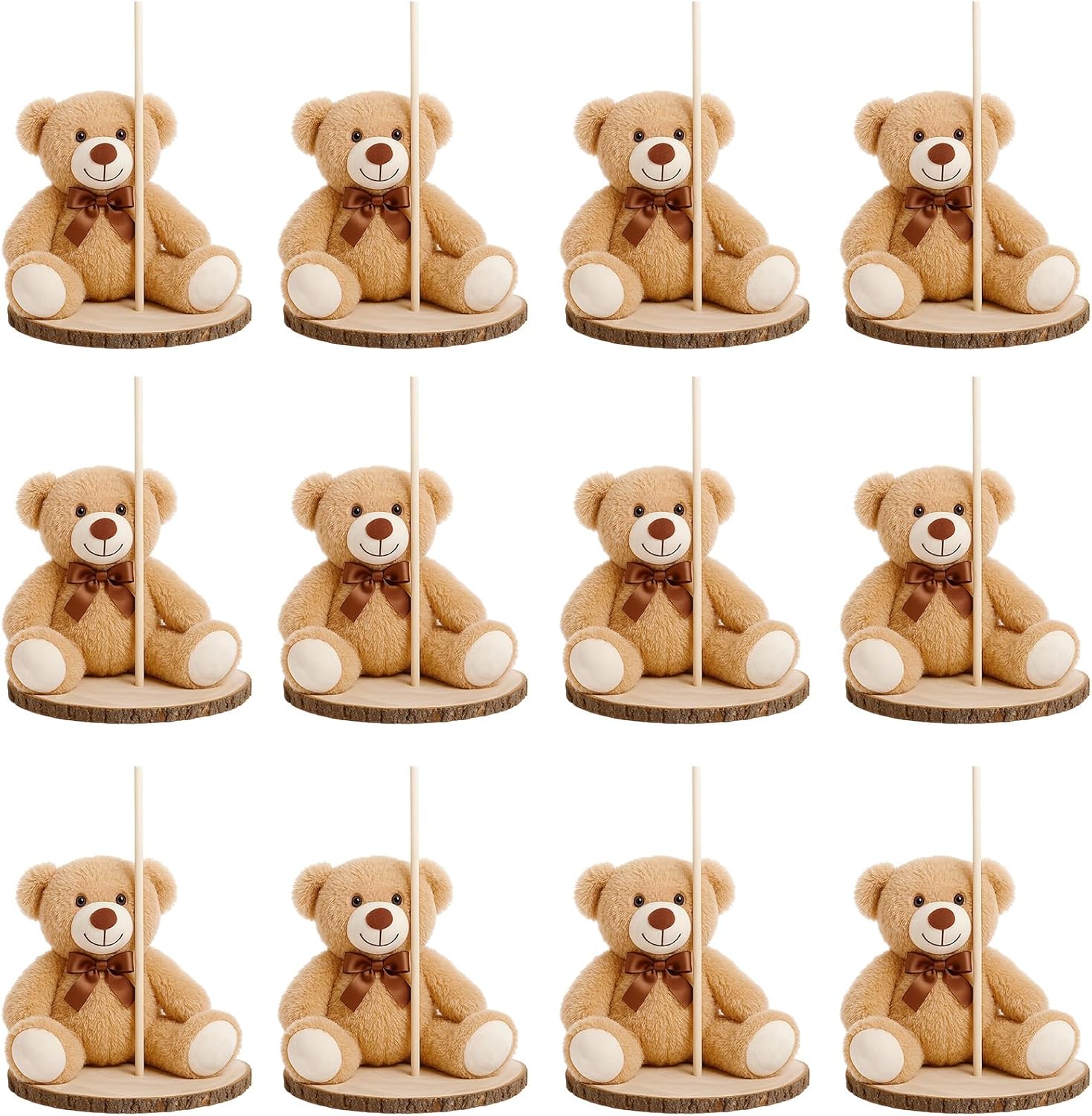 12 Set Bear Centerpieces for Baby Shower Decor Includes Bear Wooden 23-26in Rounds Circles Slices with Stick DIY Craft Birthday Wedding Gender Party Table Decorations, Khaki