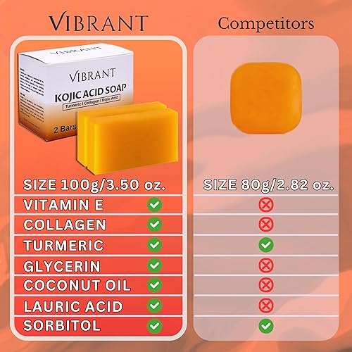Miniatura 7 de VIBRANT - Barras de jabón de ácido kójico con vitamina E, cúrcuma, colágeno, aceite de coco, jabón iluminador coreano y jabón antienvejecimiento,