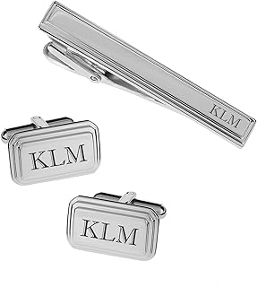 Personalized Silver Beveled Cufflinks & Tie Clip Set Engraved Free - Cus...