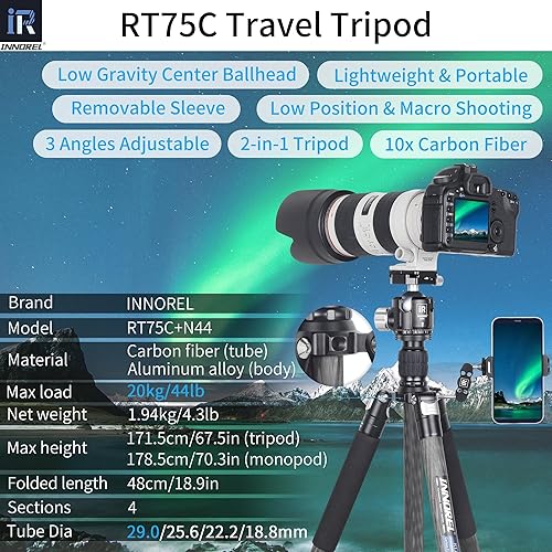 Miniatura 2 de Trípode de fibra de carbono INNOREL RT75C Super Profesional Monopod Soporte de soporte de soporte de baja gravedad Centro de gravedad 360 Cabezal de