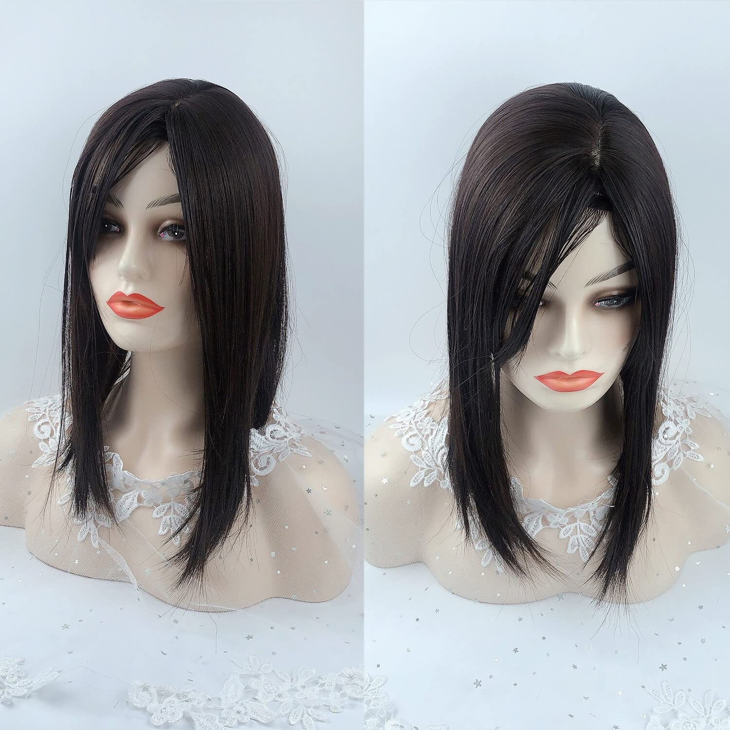 Seamless Straight Head Top Hairpiece Free Part Clip in Topper With Side Part Bangs (Black Brown), 12x12 cm - Image 4