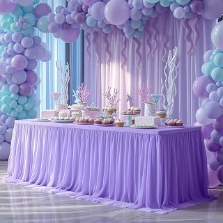 Lavender Tablecloth for 6 Foot Rectangle Tables with Tulle Table Skirt | Stretch Spandex Fitted Table Cover,One-Piece Design,Non-slip Elastic Wedding Table Cloths for Party Baby Shower Cake Display