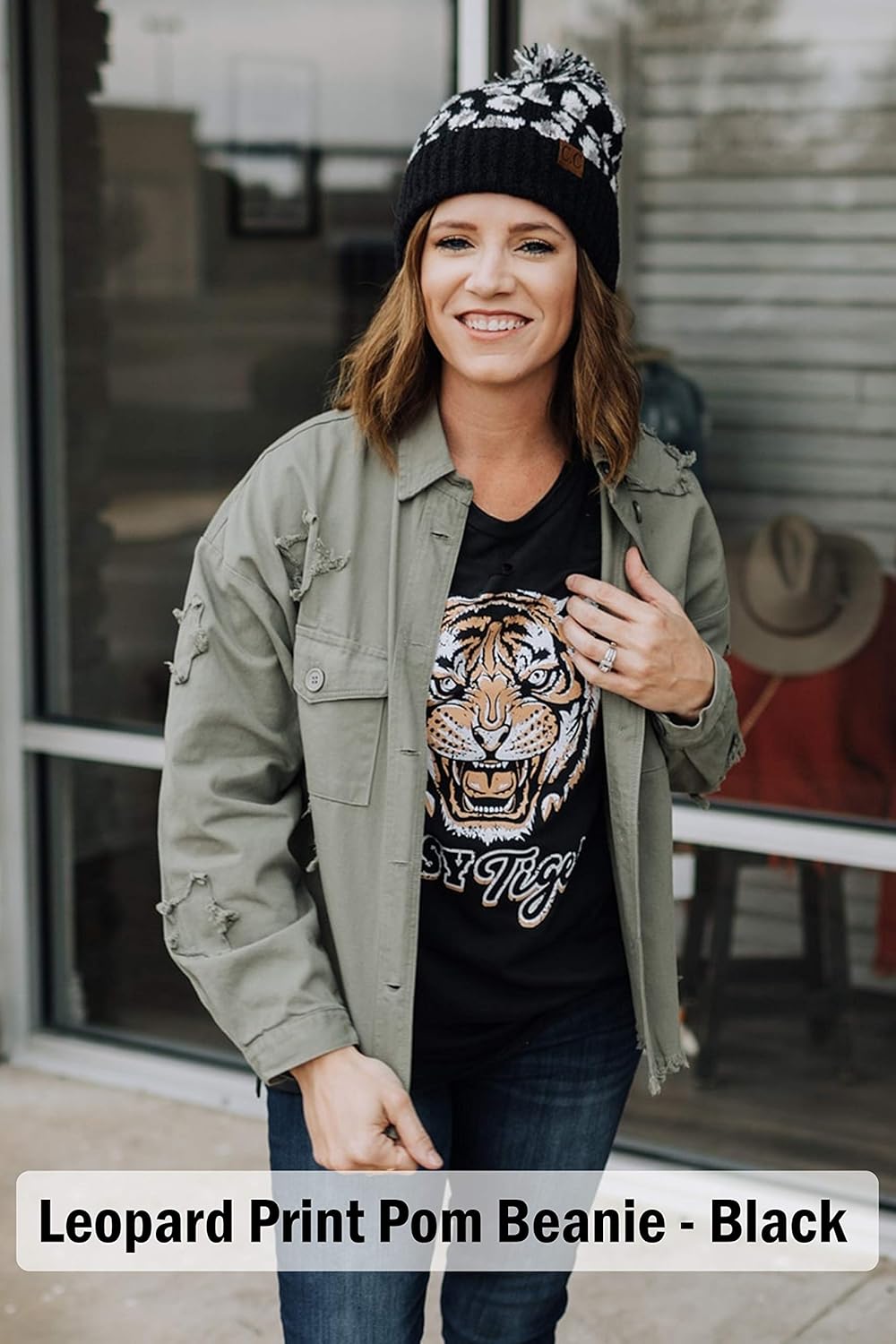 Funky Junque Women’s Leopard Print Pom Beanie & Gloves Set – Cozy Knit Winter Hat, Stylish Cheetah Cold Weather Accessories - Image 5