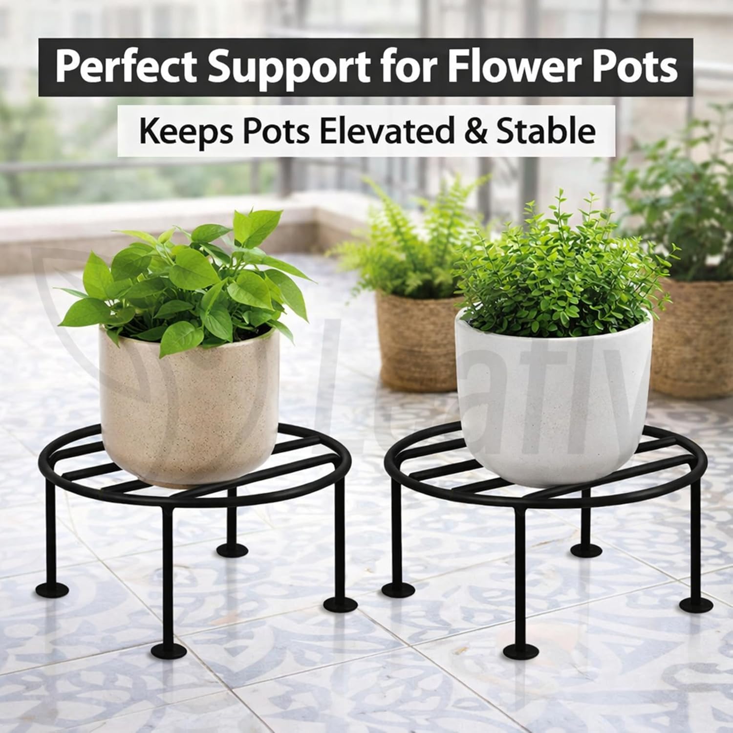 Leafly Plant Round Stand Galvanised Metal Flower Pot Holder Gamla Support Corner Rack Outdoor Display Shelf for Home Garden Balcony Decoration - (Pack of 2, Black)
