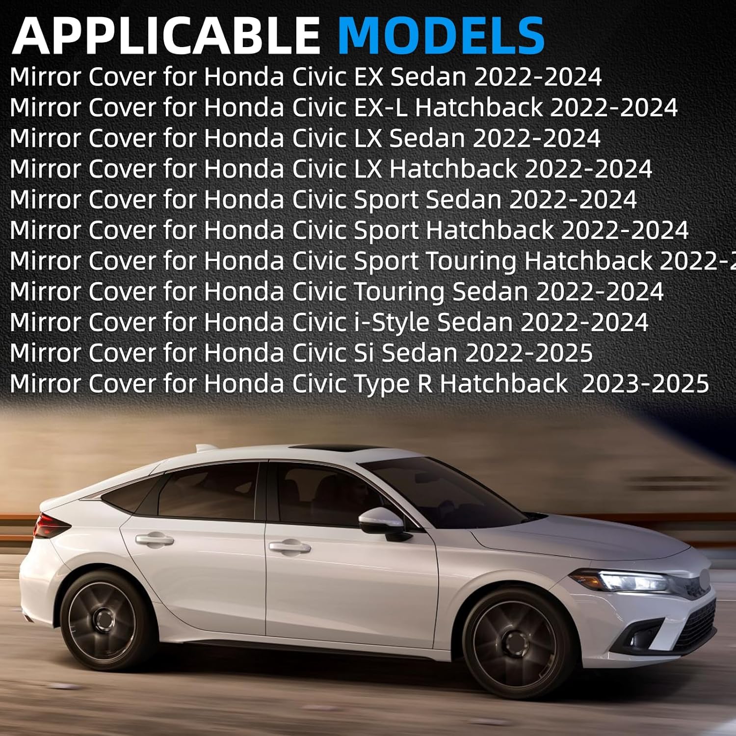 Passenger Side Mirror Cover Replacement for Honda Civic 2022-2024, Civic Si Sedan 2022-2025, Type R Hatchback 2023-2025 - Right Side Mirror Covers, Rear View Mirrors Cap Without Lamp, White