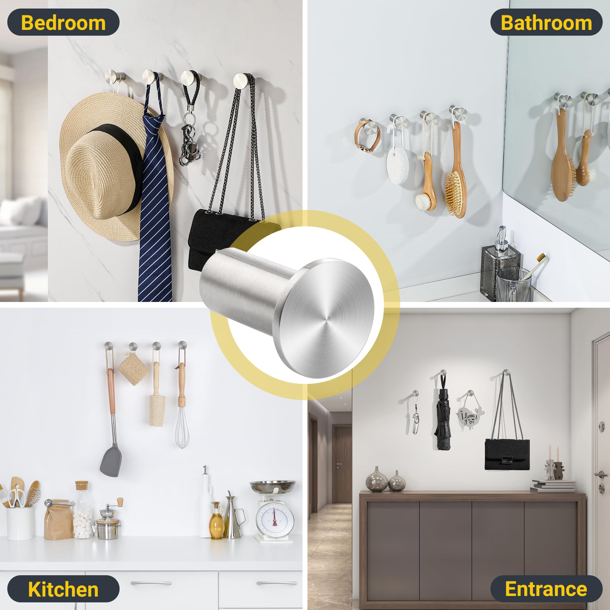 SAYAYO Coat Hooks Wall Mounted 4PCS Brushed Door Hooks for Hanging Towels Wall Hook SUS304 Stainless Steel Heavy Duty for Bathroom Home to Hang Clothes Keys - Image 2