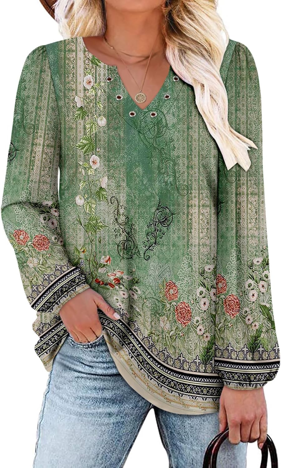 onlypuff V Neck Tops for Women Long Sleeve Shirts Loose Fit Tunic Top Cute Ladies Blouse Fall Fashion Tops