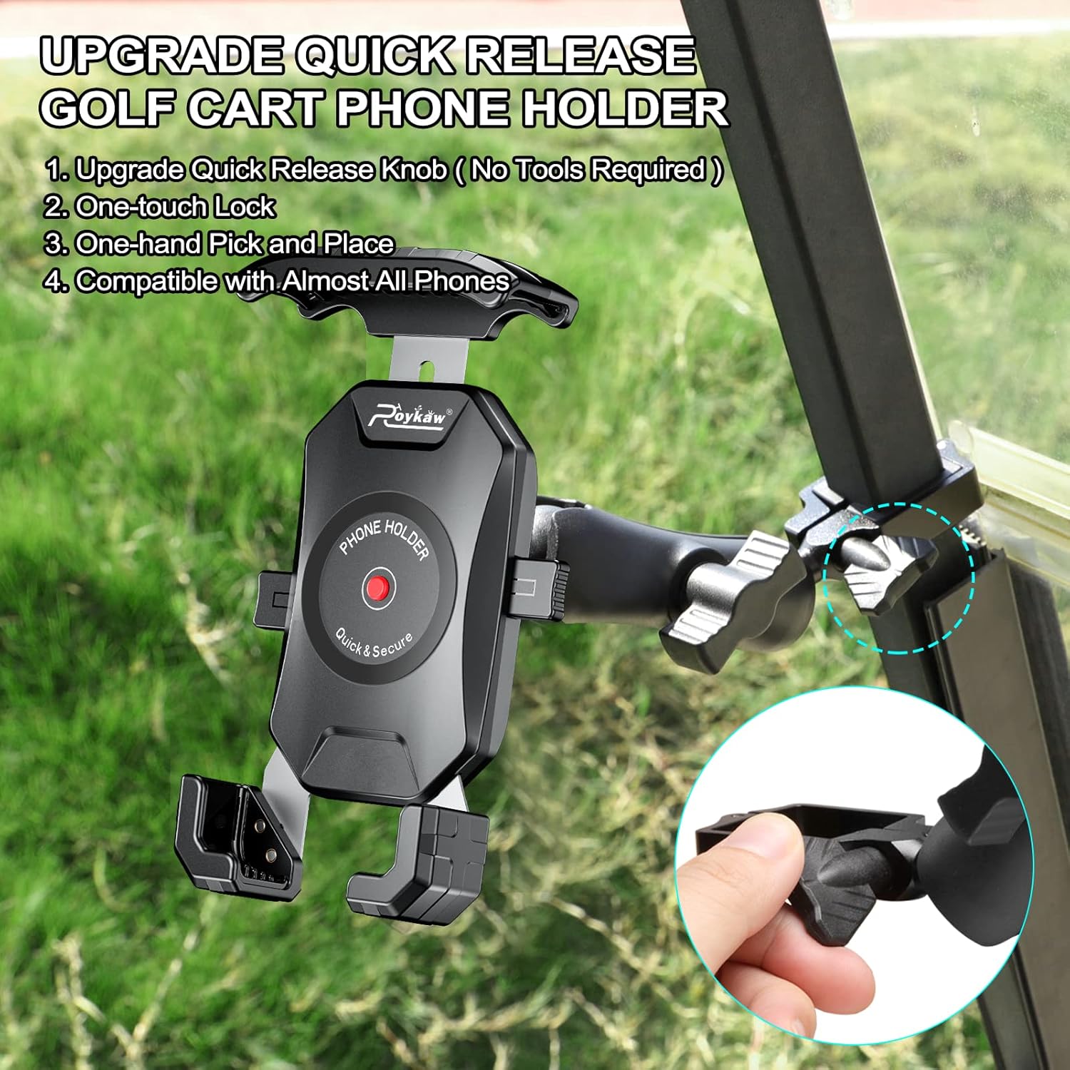 Roykaw Golf Cart Phone Mount Holder Compatible with EZGO/Club Car/Yamaha, Quick Release & One-Touch Lock/One-Handed Pick and Place, Compatible with iPhone 14/Galaxy/Google Pixel/Fits 4.7"-6.8"