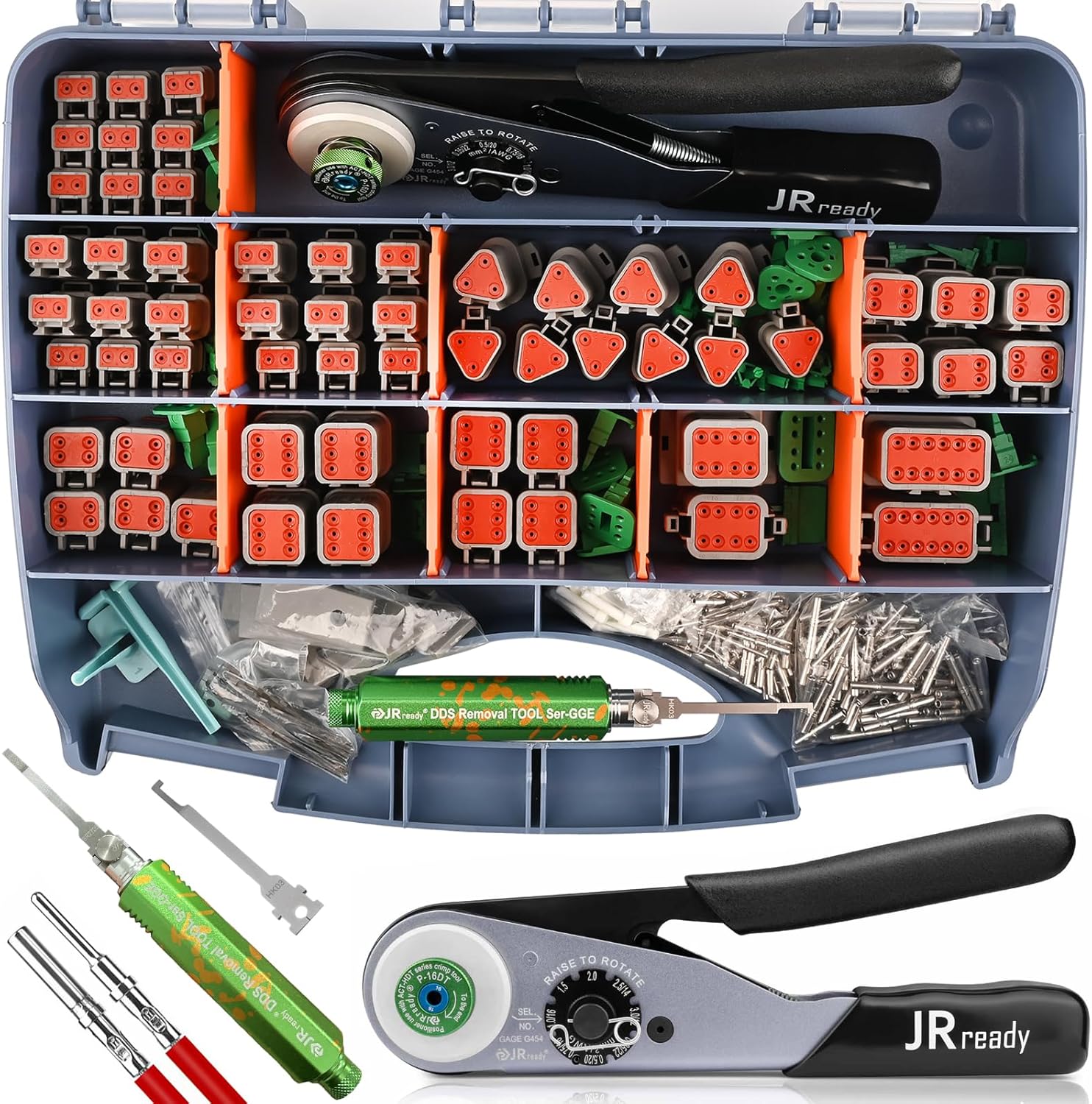 JRready DW5012 Deutsch Connector Kit - DT Connectors 2 3 4 6 8 12 Pin,Solid Contacts 16-20 AWG, Deutsch Crimp Tool, Universal Pin Extractor for Deutsch, Delphi, Molex, JPT & Micro Timer Terminals