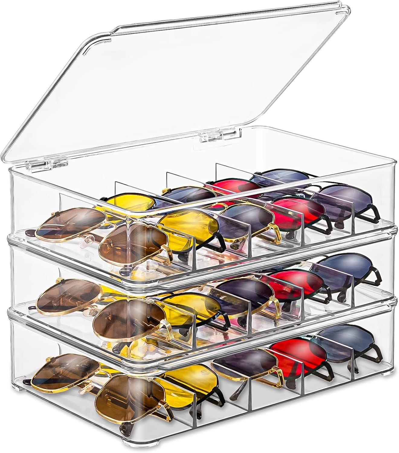 Sunglasses Organizer, Acrylic Sunglasses Storage 3 Layers, Clear Stackable Glasses Storage Organizer with Lid, Eyeglass Storage for Multiple Glasses, Reading Glasses