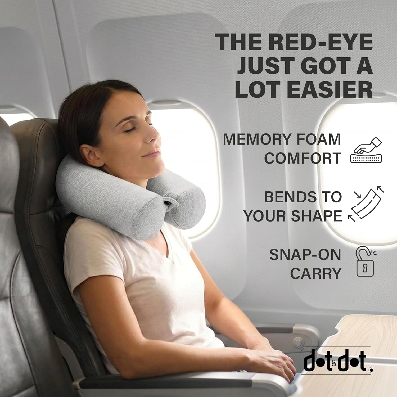 dot&dot twist memory foam travel pillow for airplanes - travel neck pillow for sleeping - airplane pillow for neck support, chin, lumbar and leg - adjustable, bendable neck roll pillow gray standard (26")