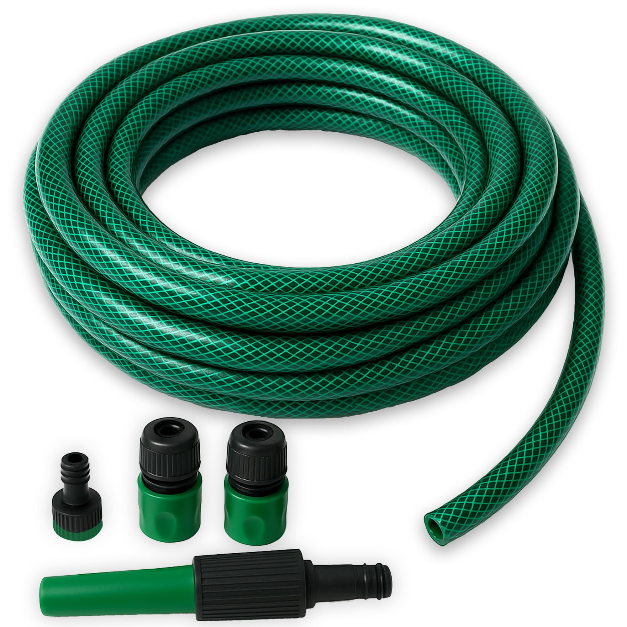 iTrend 15m PVC Fiber Braided Reinforced Garden Water Hose Pipe Set with Nozzles & Fittings – Flexible, Weatherproof, 4 Spray Patterns for Irrigation, Car Wash & Gardening