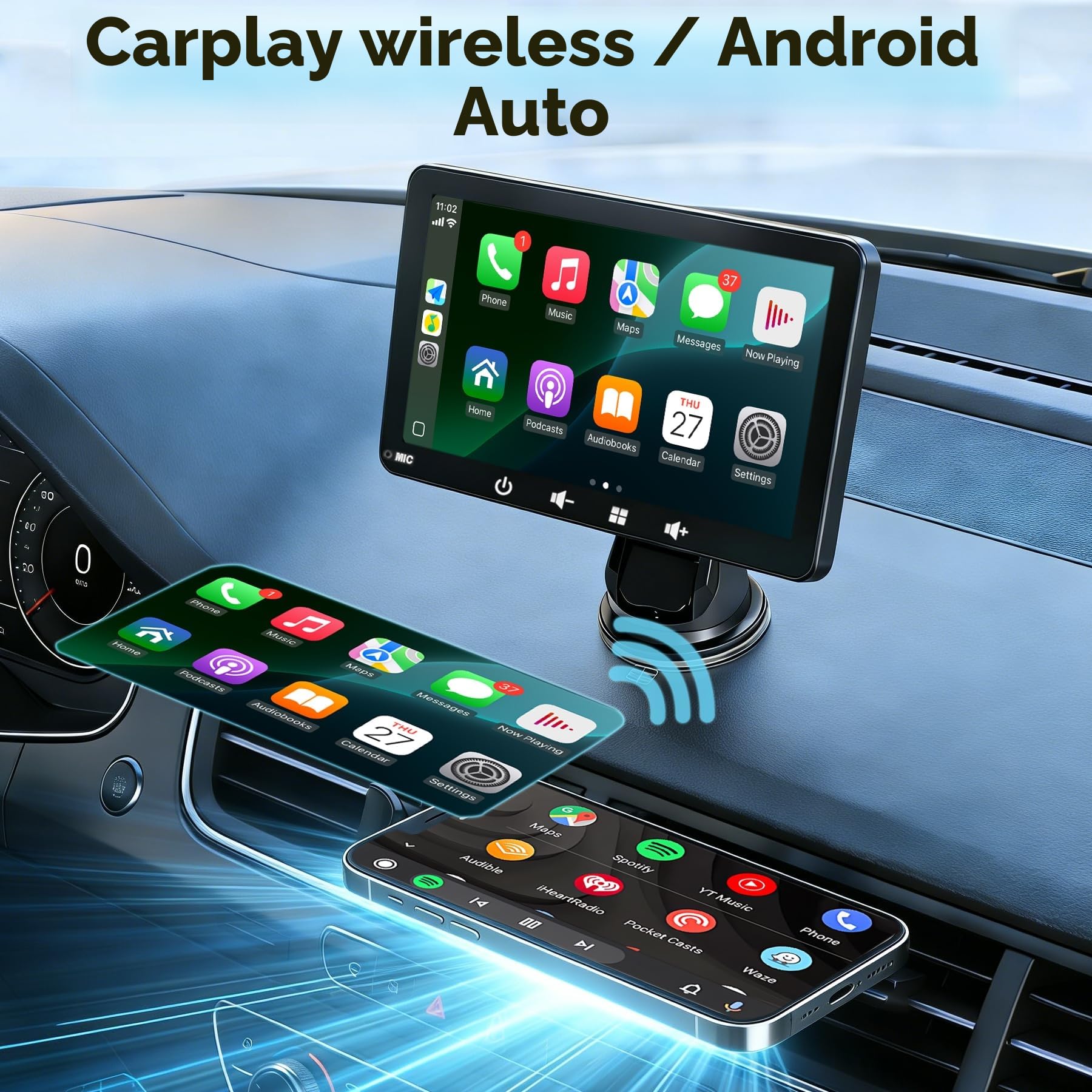 Schermo Auto 7" con Carplay Wireless e Android Auto - Display Portatile con Telecamera Posteriore | FM Trasmettitore, AUX, USB | Plug & Play per la maggior parte delle auto (7 pollici + fotocamera)