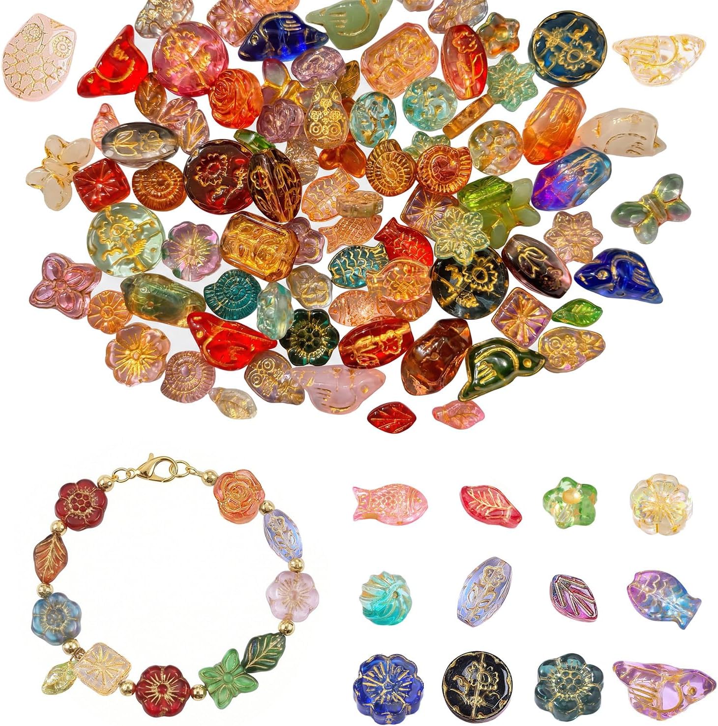 80-110pcs Assorted Glass Beads 100g Aesthetic Gold Tracing Crystal Vintage Bohemian Bead in Bulk for Jewelry Bracelet Necklace Making Multi Shapes Metal Enlaced Charm DIY Craft