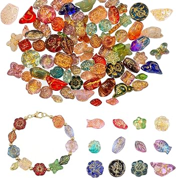 80-110pcs Assorted Glass Beads 100g Aesthetic Gold Tracing Crystal Vintage Bohemian Bead in Bulk for Jewelry Bracelet Necklace Making Multi Shapes Metal Enlaced Charm DIY Craft