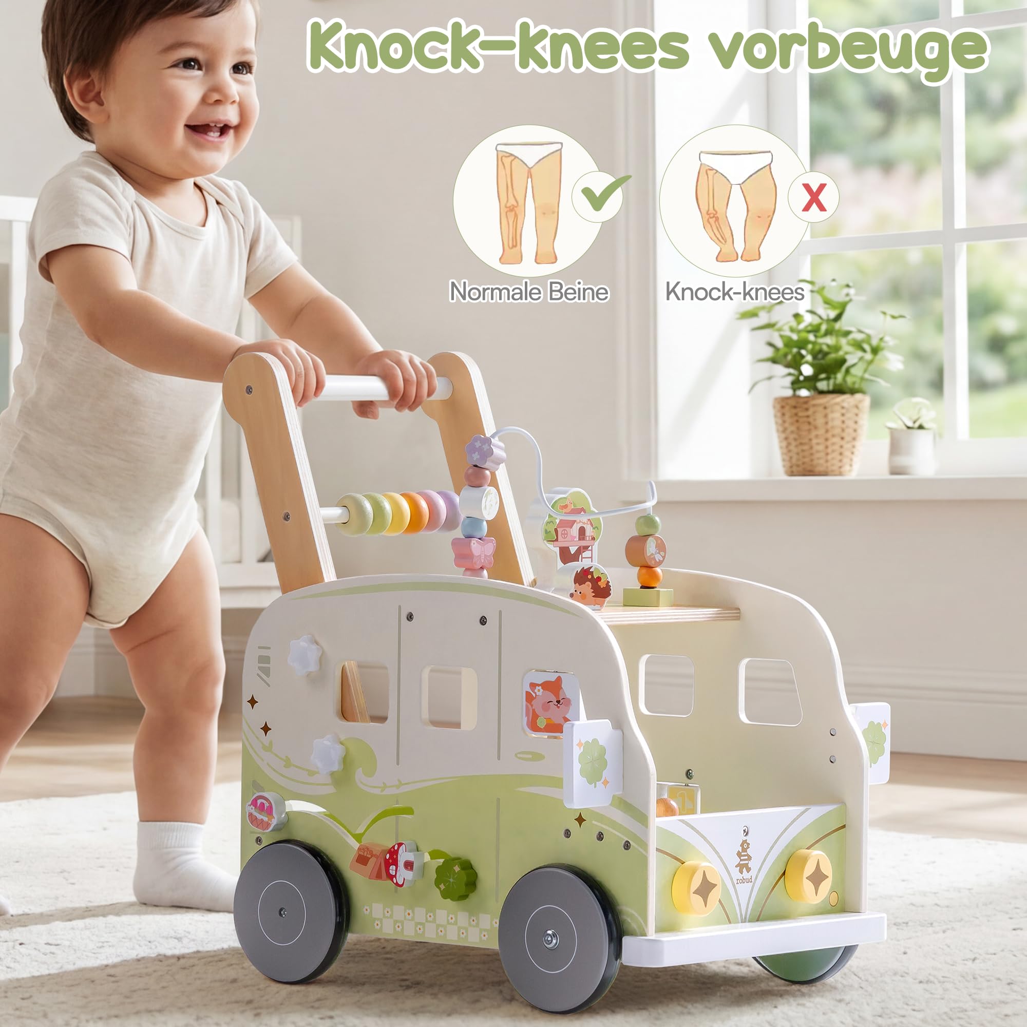 ROBUD Baby Lauflernhilfe Holz, Interaktiver Lauflernwagen, Einstellbare Geschwindigkeit & Höhe Baby Walker, Motorikspielzeug Geschenk für Kleinkinder ab 10 Monaten-1-2 Jahren