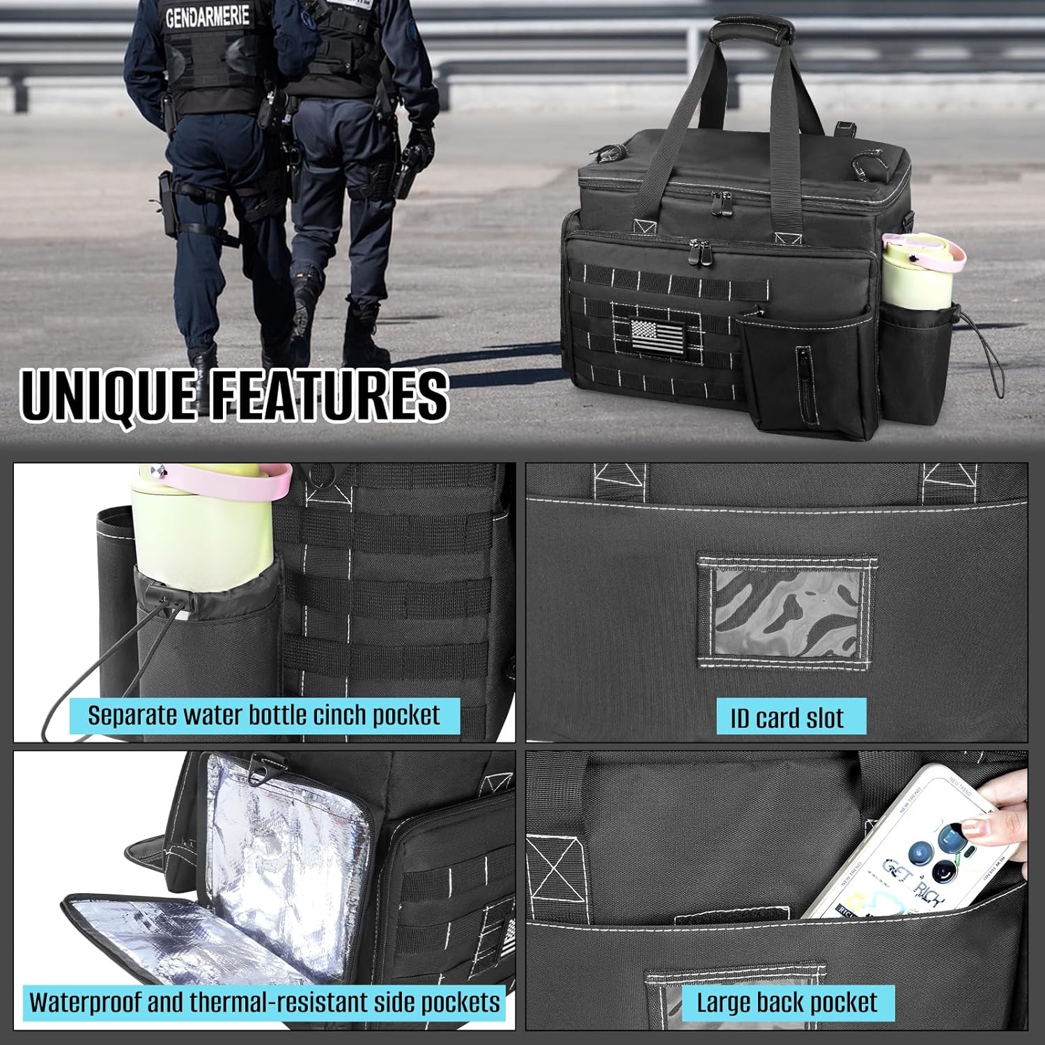LIWSHWZ Patrol Bag Law Enforcement,Police Gear Bag for Car Front Seat Organizer with 15.6” Laptop Layer and Cup Holders,Multiple Compartments Police Duty Bags Fit Vehicle Passenger Seat