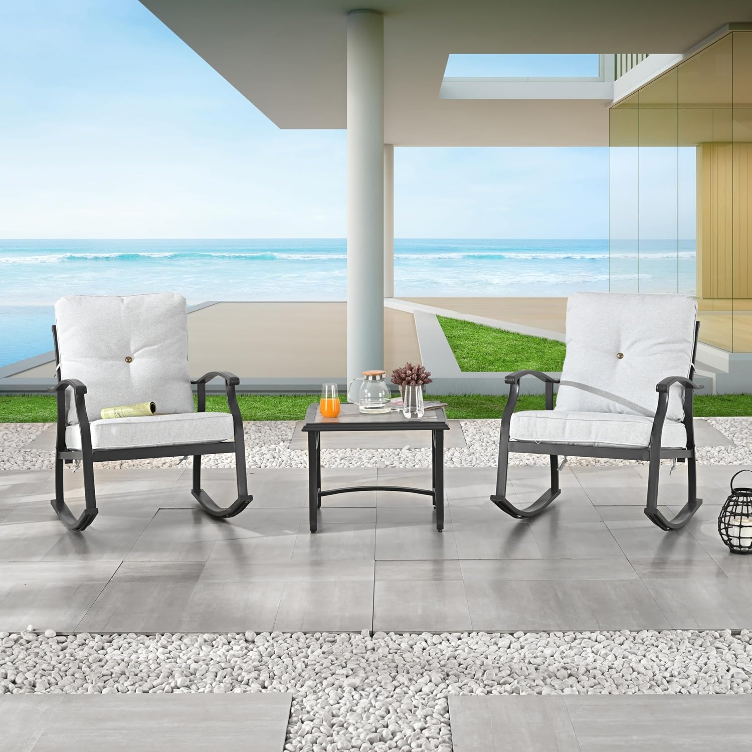 LOKATSE Home 3 PCS Patio Rocking Bistro Set Outdoor Conversation Furniture Sets with Cushion Metal Chairs and Coffee Table for Backyard Deck Lawn Garden