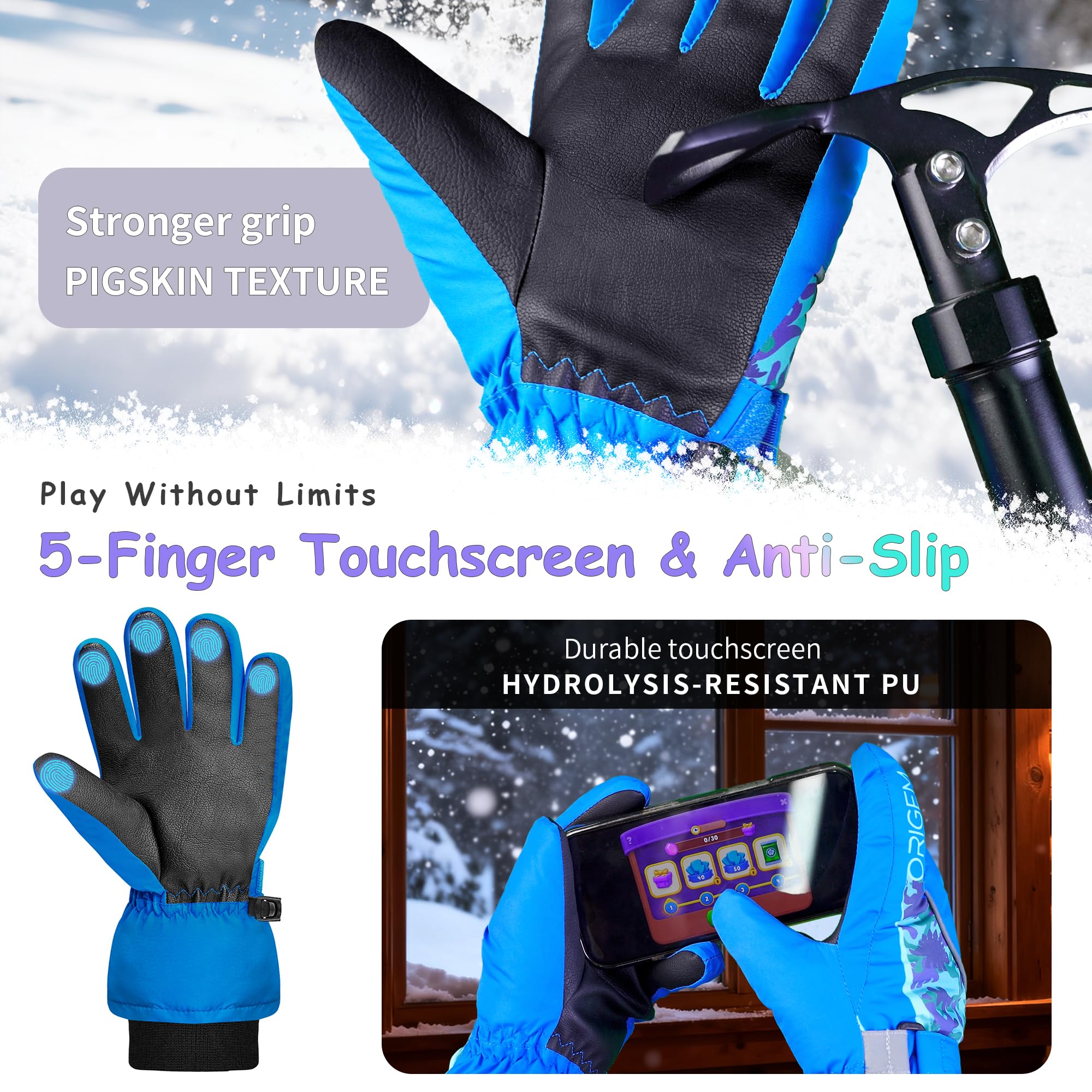 Origem Guanti Neve Invernali Bambino Bambina, 3M Thinsulate Impermeabili Guanti Sci Termici con Touchscreen a 5 Dita Riflettenti Antiscivolo per Bambini 4-14 anni Snowboard Sciare Calcio Bici