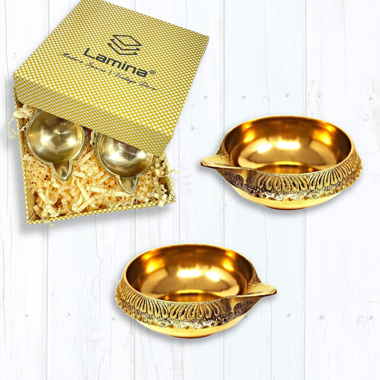Lamina Set of 2 Small 5.8Cm Brass Diya for puja Golden Color Pital Kuber Deep Vilakku for Daily/Festive Worship, Home Temple Decoration, Diwali, Housewarming, Wedding & Spiritual Return Gift.