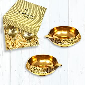 Lamina Set of 2 Small 5.8Cm Brass Diya for puja Golden Color Pital Kuber Deep Vilakku for Daily/Festive Worship, Home Temple Decoration, Diwali, Housewarming, Wedding & Spiritual Return Gift.