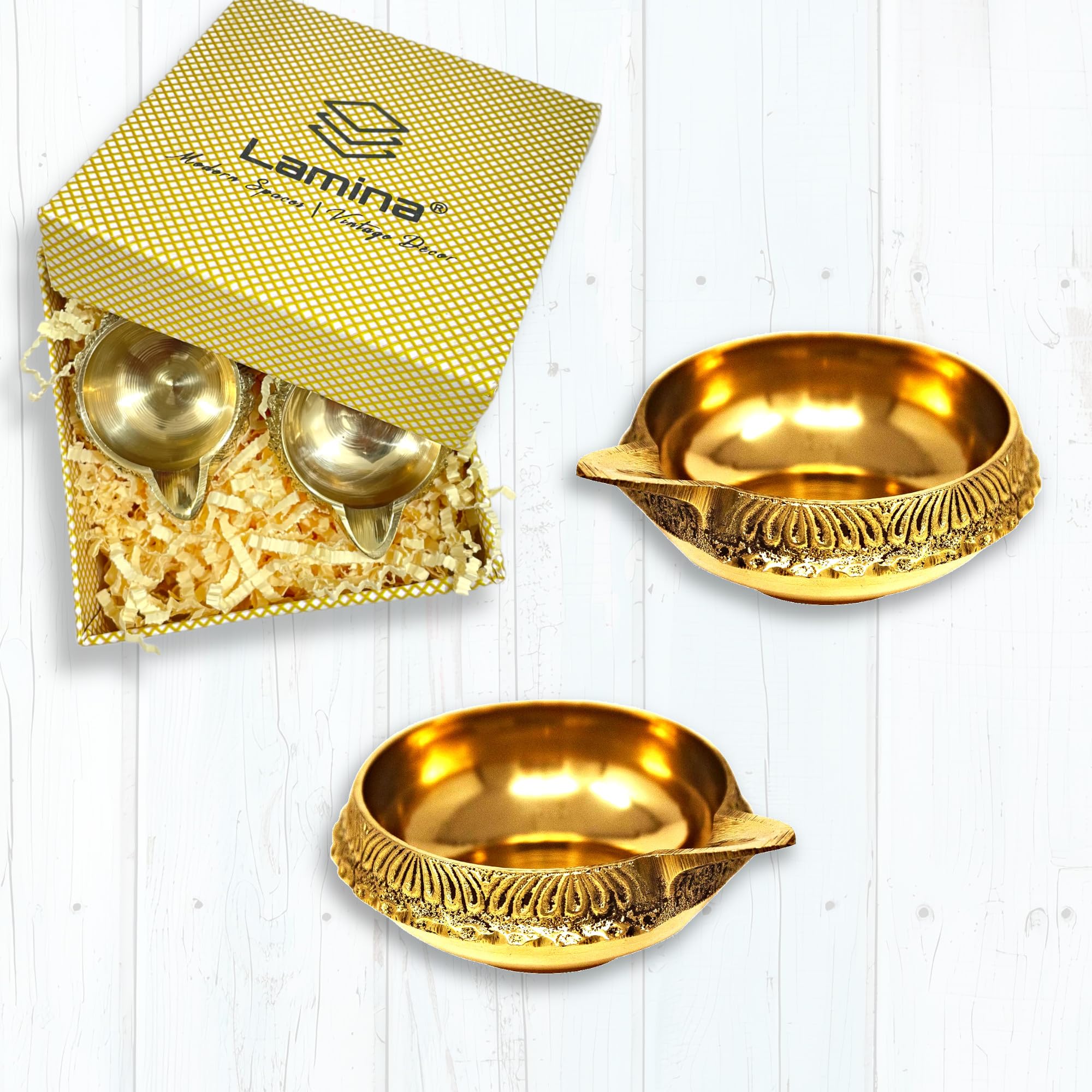 Lamina Brass Diya for Puja (Small 5.8 cm, Golden Color) – Set of 2 Pital Kuber Deep Vilakku for Daily/Festive Worship, Home Temple Decoration, Diwali, Housewarming, Wedding & Spiritual Return Gift.