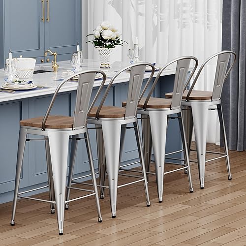 Miniatura 6 de Yongqiang Taburetes de bar de 24 pulgadas juego de 4 sillas de altura de mostrador de metal con respaldo alto con asiento de madera sillas de bar