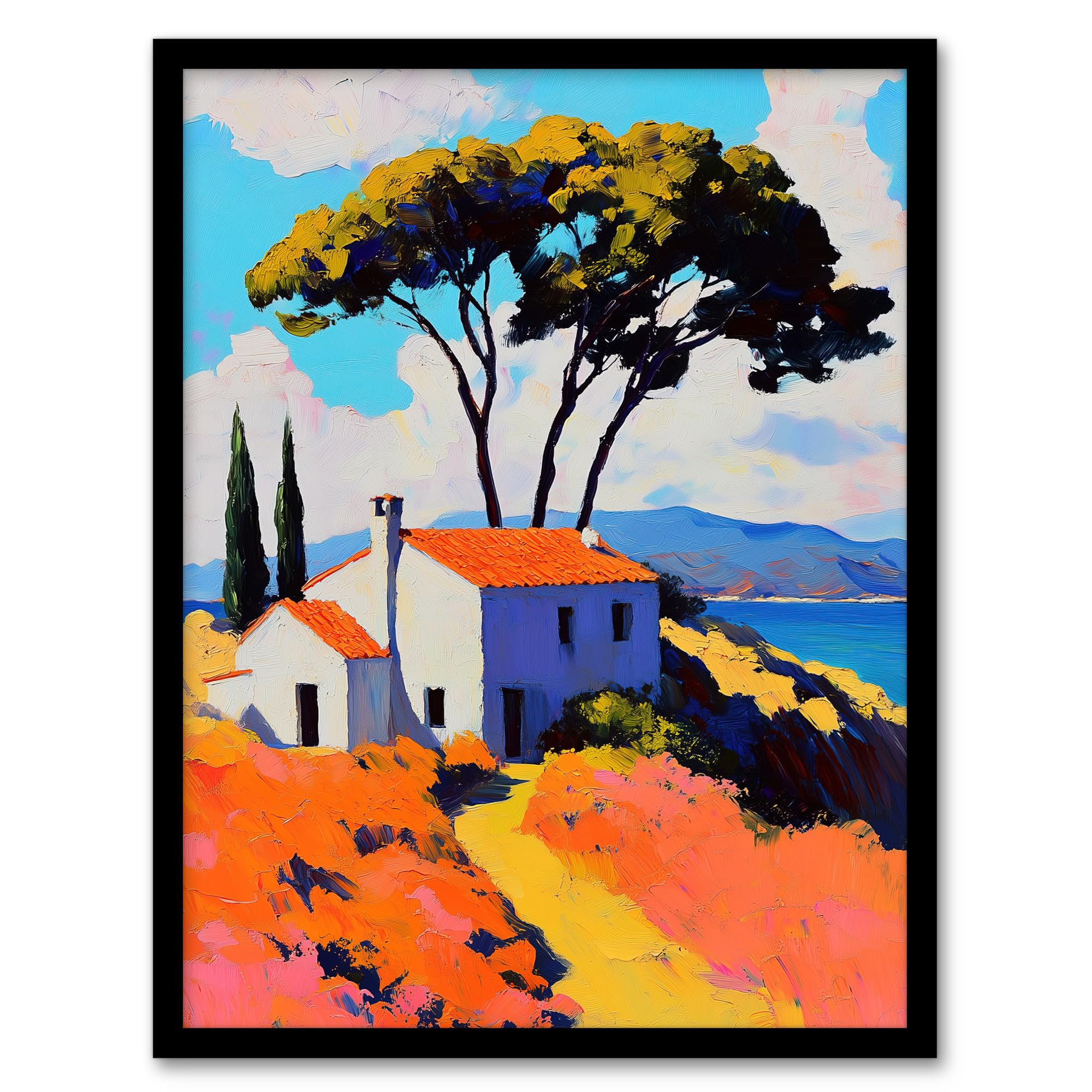 Artery8 Italian Seaside Villa in Spring Vibrant Painting Living Room Artwork Framed Wall Art Print A4