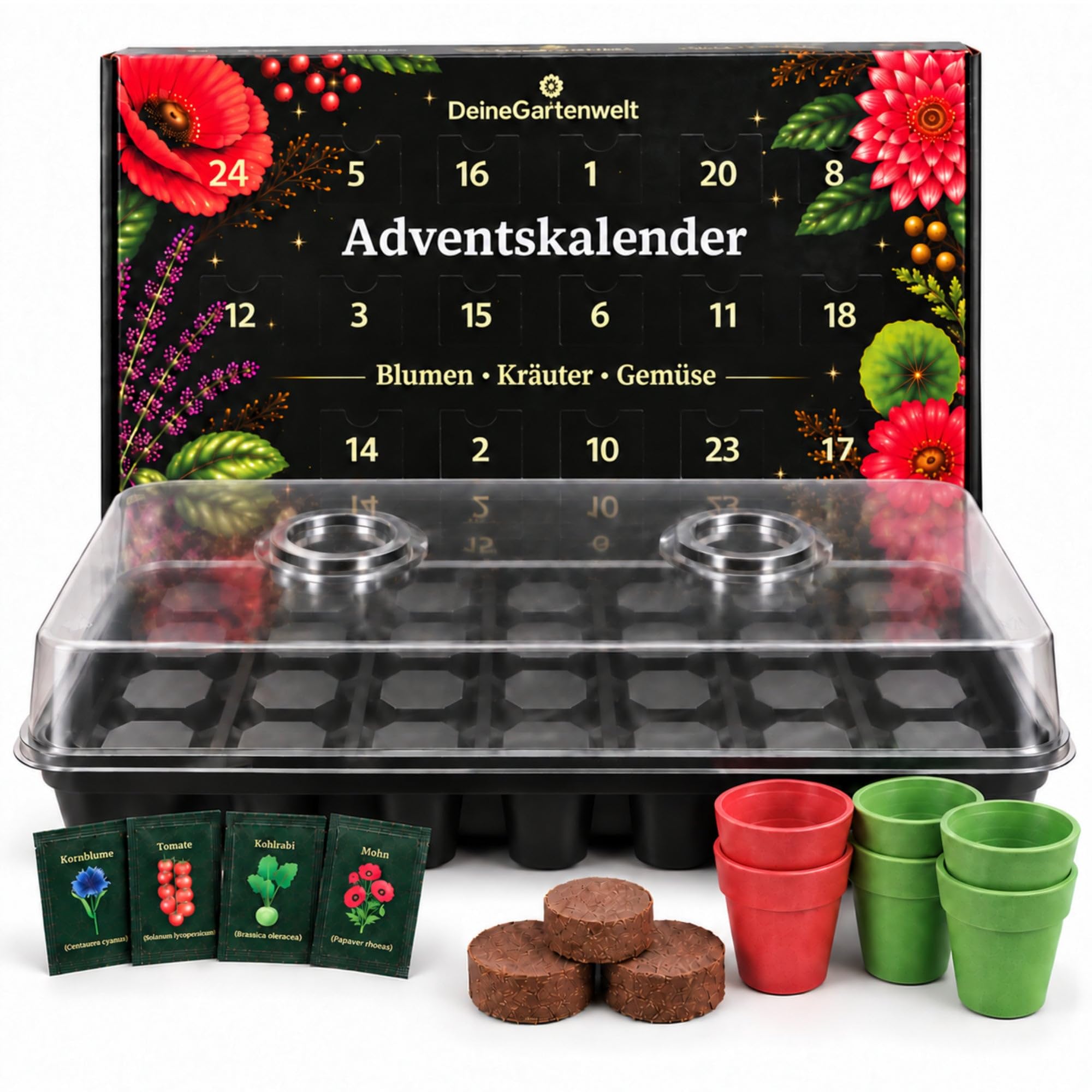 Deine Gartenwelt Saatgut Adventskalender mit Anzuchtset, 24 Sorten