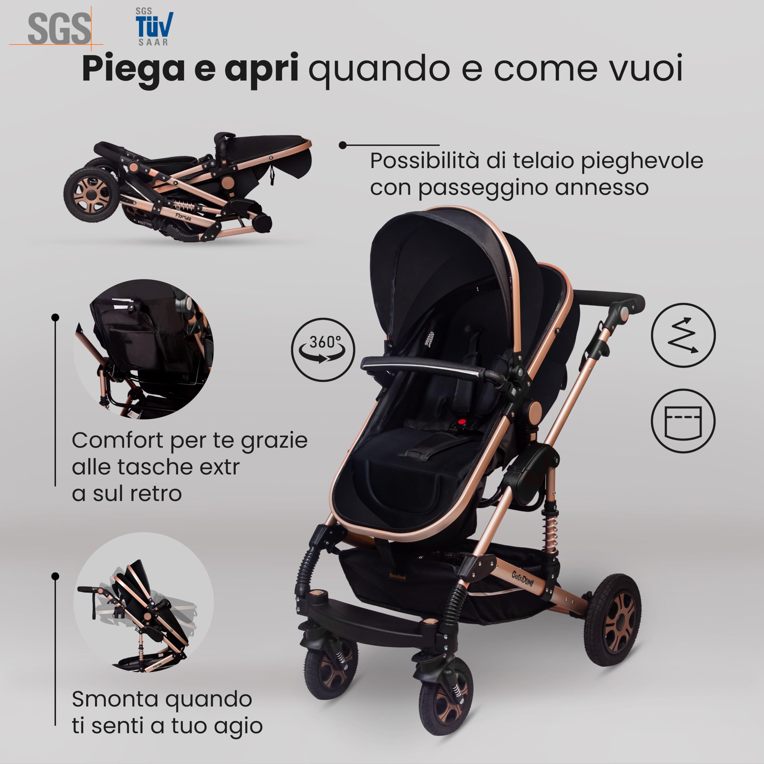 GaGaDumi Florida 3 in 1 Passeggino Trio, Carrozzina, Seggiolino Auto, Pieghevole, 0-36 mesi, Nero/Oro
