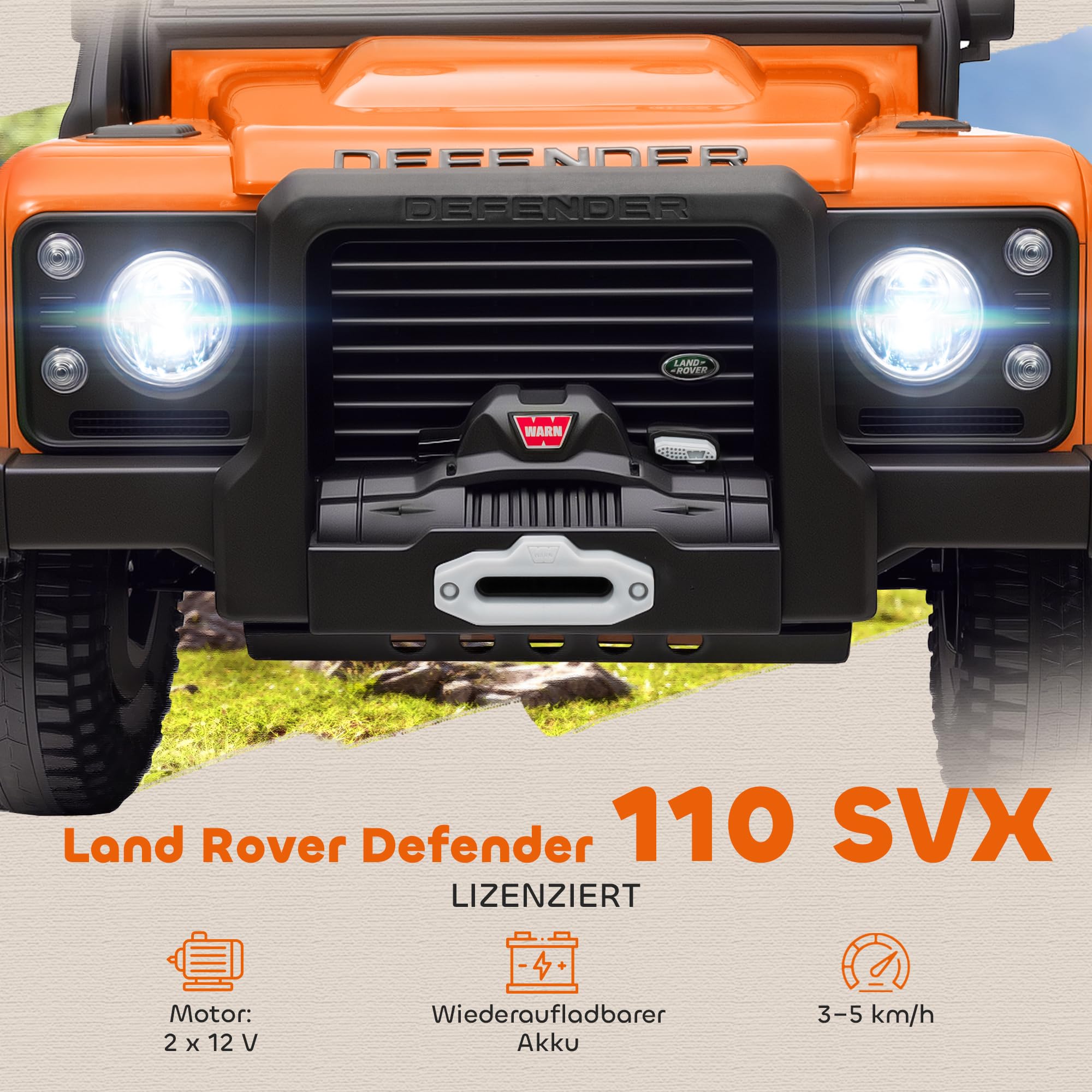 AIYAPLAY Kinder Elektroauto, Land Rover Defender 110 SVX 12V 7Ah Kinderauto mit Fernbedienung, 2 Motor, Kinderfahrzeug mit Softstart, Soft Stopp, 4 Stoßdämpfer, Hupe, MP3, Licht für 3-5 Jahre Orange