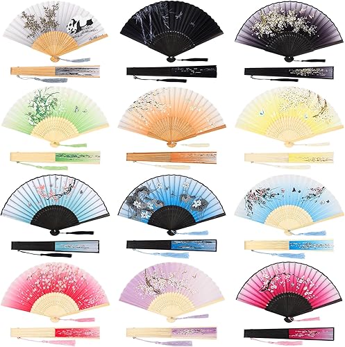 Miniatura 7 de Jetec 12 abanicos de mano florales de 8.27 pulgadas para mujer, plegables, de bambú, asiático, chino, japonés, con borla, regalo ahuecado a granel