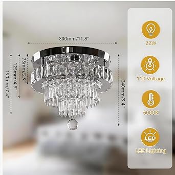 Finktonglan 11.8 Crystal Chandeliers, Morden Crystal Ceiling Light LED Small Chandeliers Semi Flush Mount Chandelier Room Light for Bedrooms Living Room Hallway (6500K White Light)