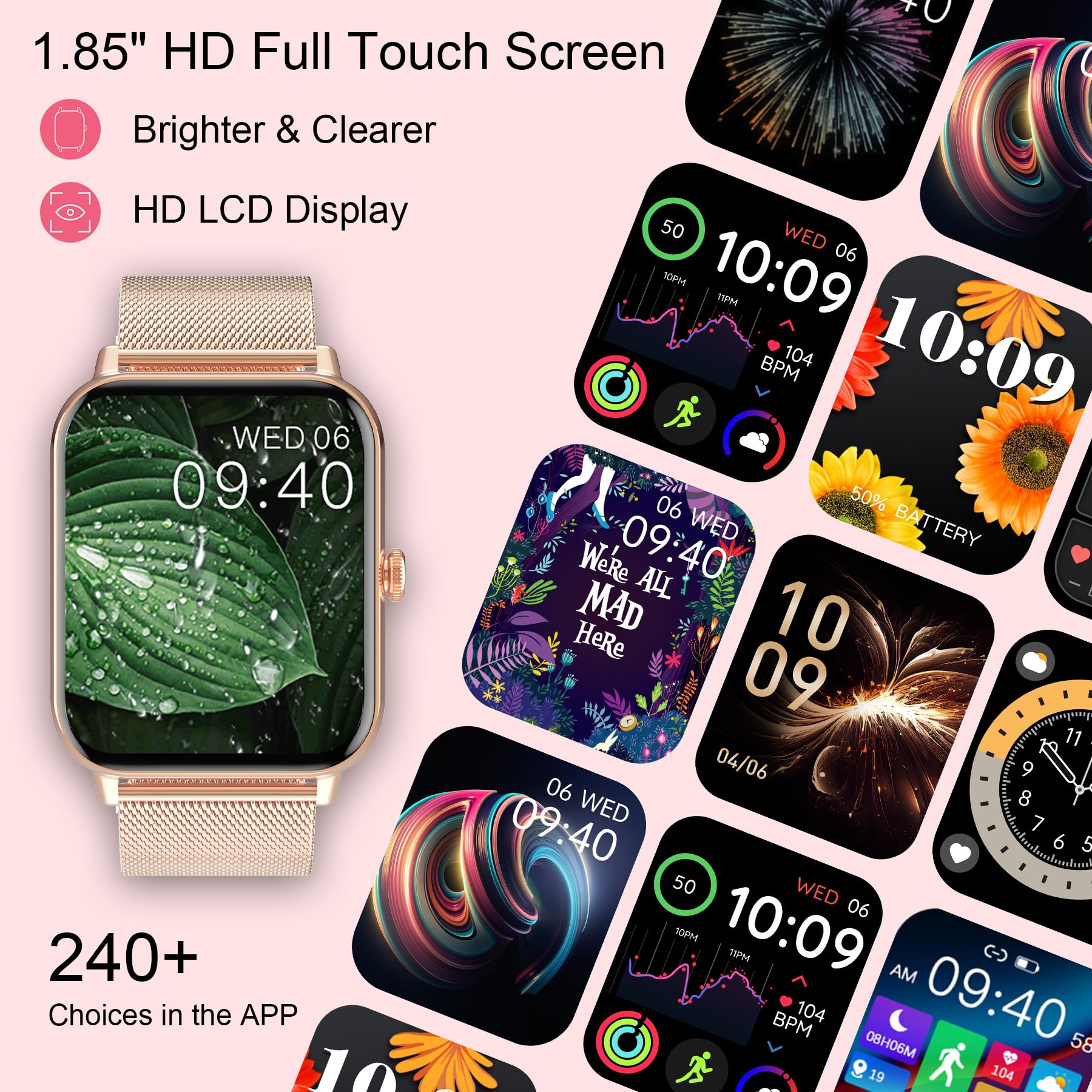 Betatree Smartwatch Donna Uomo con Chiamate e Notifiche Whatsapp, 1,85" Orologio Digitale Fitness Contapassi,120+ modalità Sportivo Smart Watch con Monitor Sonno/Cardiofrequenzimetro per iOS Android