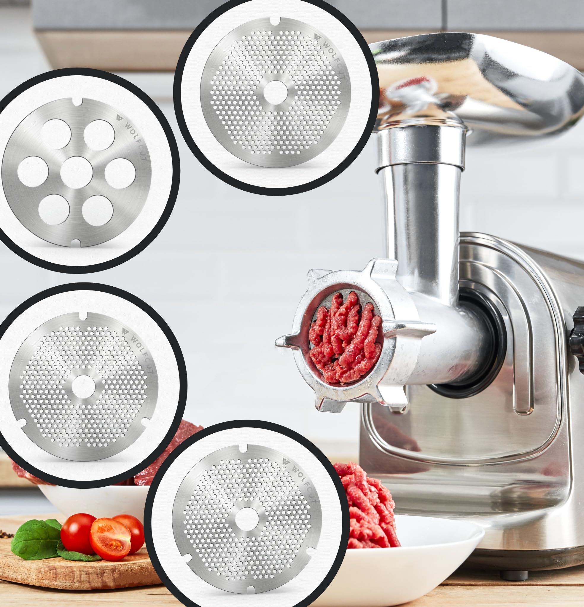 Wolfcut Inox Longlife - Juego de cuchillas para picadora de carne (4 ranuras y rosca de 3,0 mm + orificio de 3,5 mm y tapa de rosca, repuesto para/compatible con picadora Bizerba FW-N32, tamaños 32)