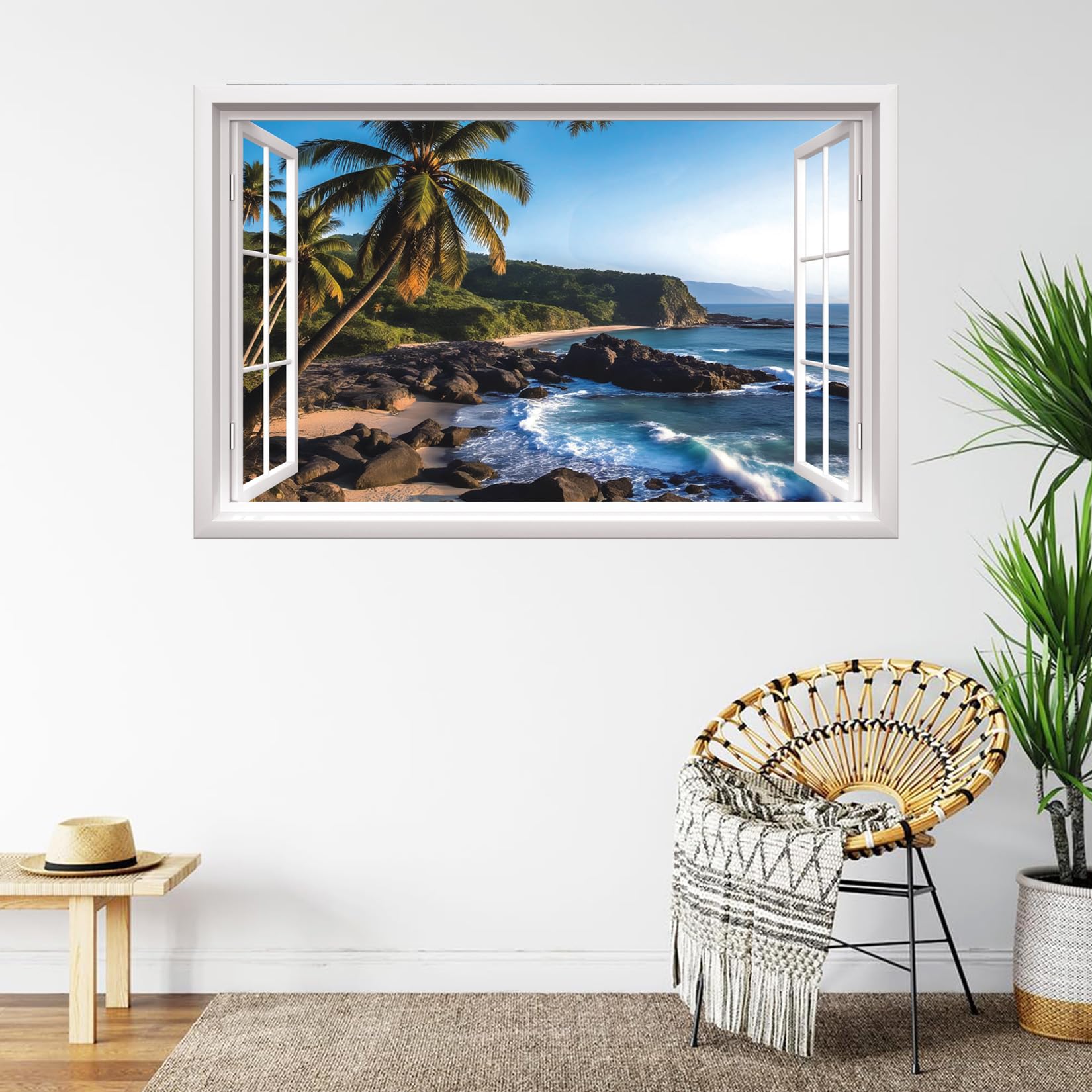 ANHUIB 3D Fake Window Wall Sticker 3D Seaside Landscape Wall Stickers 3D Sea View Wall Art for Living Room Sea Scenery Wall Decals for Bedroom Bathroom Removable Seascape Decals Mural Decor 84×52cm - Image 4