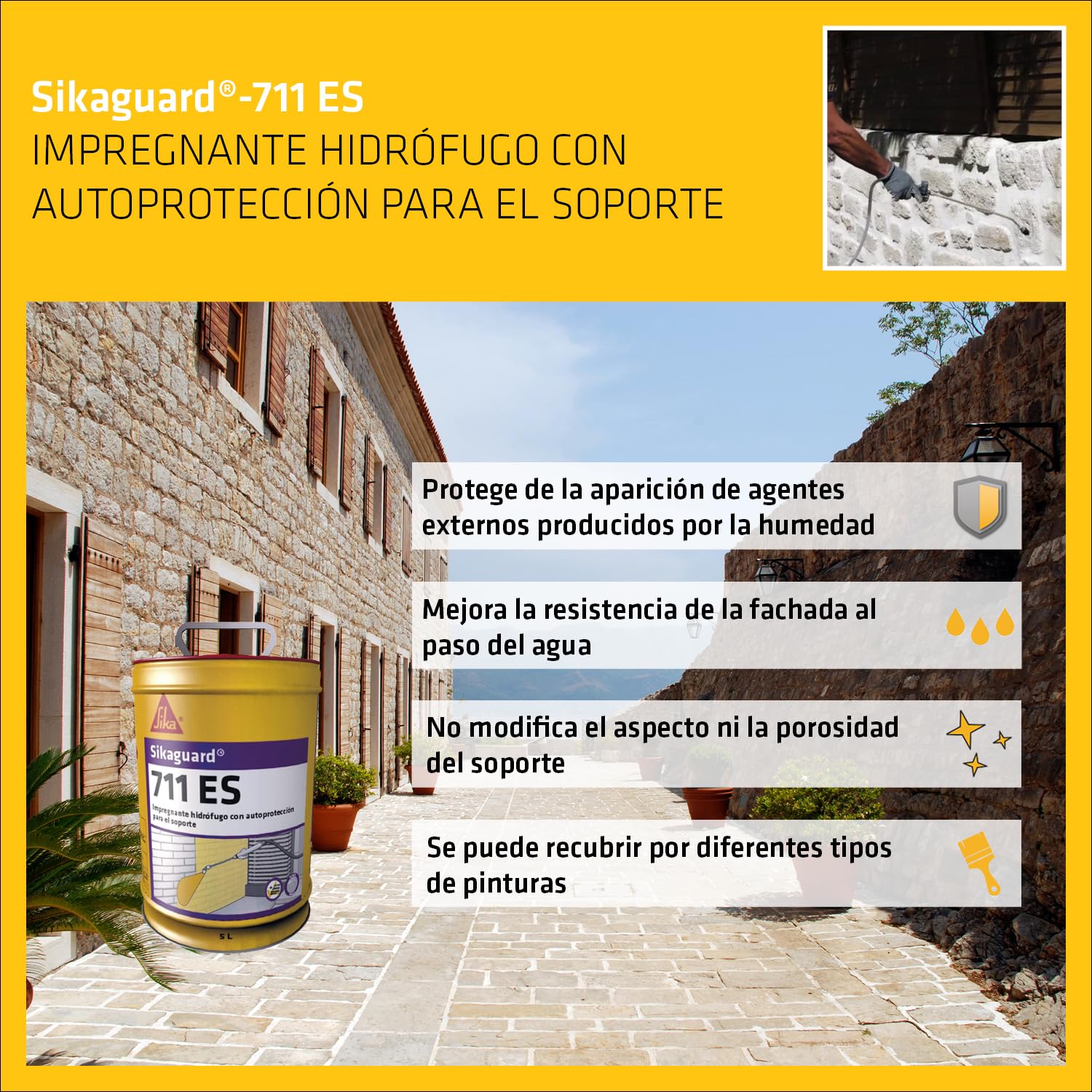 Sikagard 711 ES, Impregnante hidrófugo para fachadas, efecto repelente, Incoloro, 5L