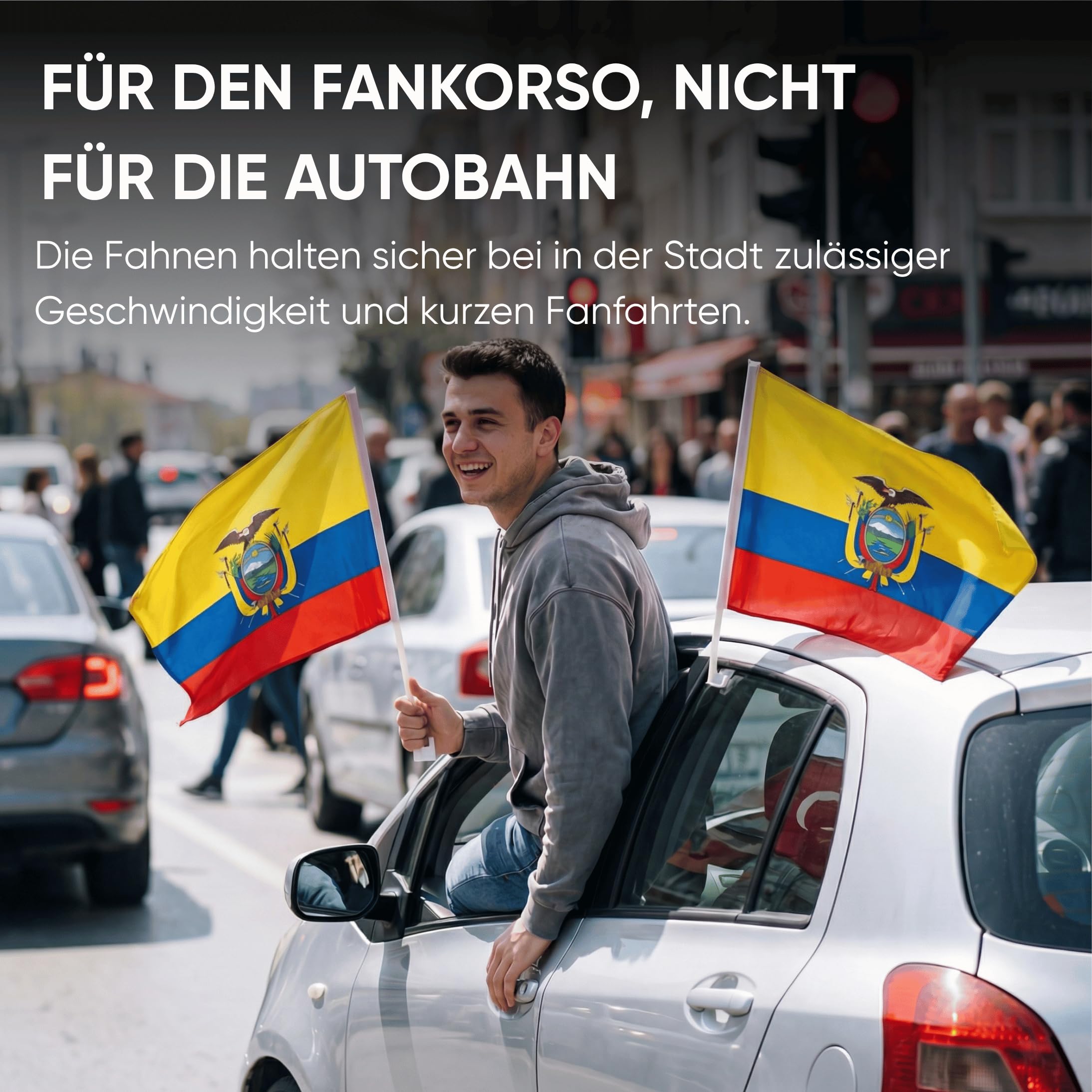 Auto Fahnen Ecuador Komplett Set - Motorhaubenfahne, 2 Autofahnen Fenster & 2 Außenspiegelfahnen, Fußball Fanartikel FZG für EM & WM, Ecuadorianische Flagge Fahrzeug Deko