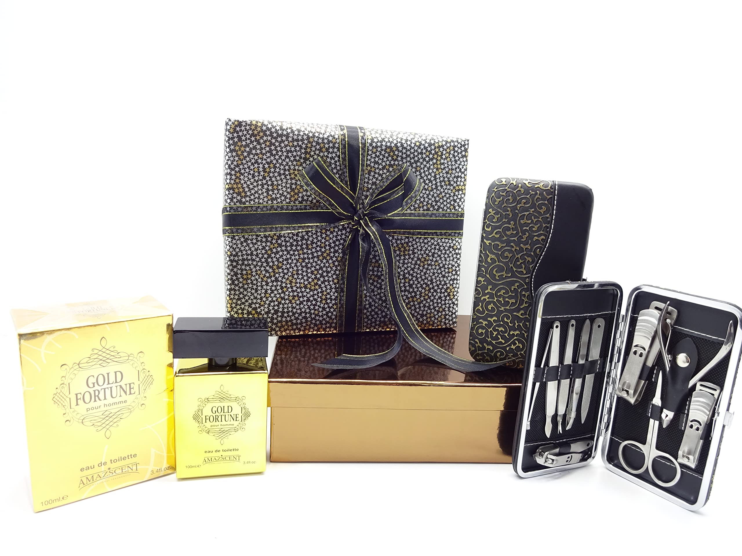 Coffret cadeau de luxe pour homme – Gold Fortune pour homme 100 ml Eau de toilette pour homme + kit de manucure personnel en acier inoxydable 10 cs dans une boîte cadeau