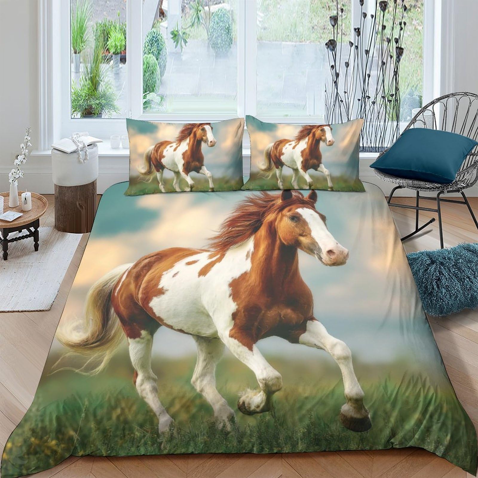 P5V6M1Q9 3D Printed Running Horse Duvet Cover Microfiber Soft Breathable Wild Meadow Bedding Set with 2 Pillowcases for Bedroom Decor Single（135x200cm）