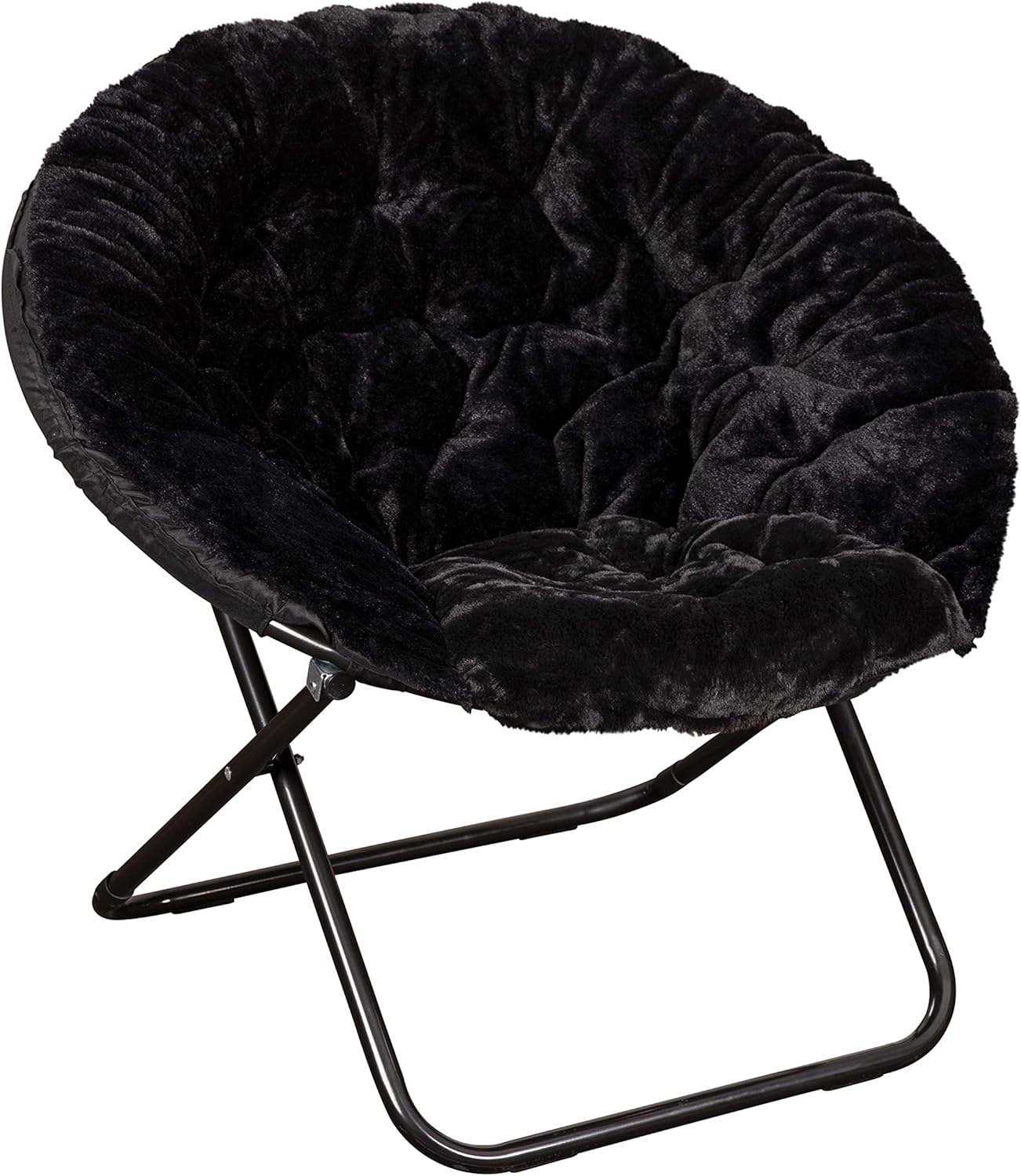 EMMA + OLIVER Ersa 38" Oversize Folding Saucer Chair with Cozy Faux Fur Upholstery in Black with Black Metal Frame for Dorms, Bedrooms, Apartments and More