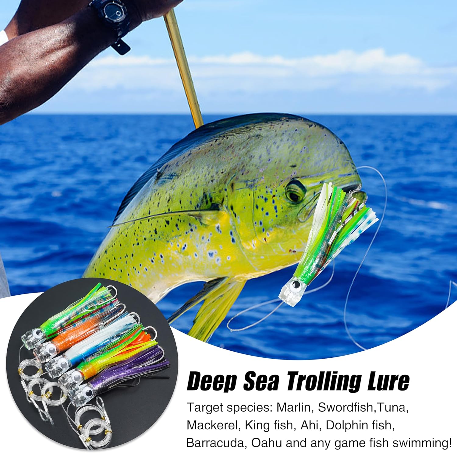 Saltwater Fishing Lures 6/9inch Trolling Lures for Marlin Mahi Tuna Dolphin Shark Big Game Deep Sea Fishing Baits Squid Skirts Rigged Hooks Ocean Gear Tackle